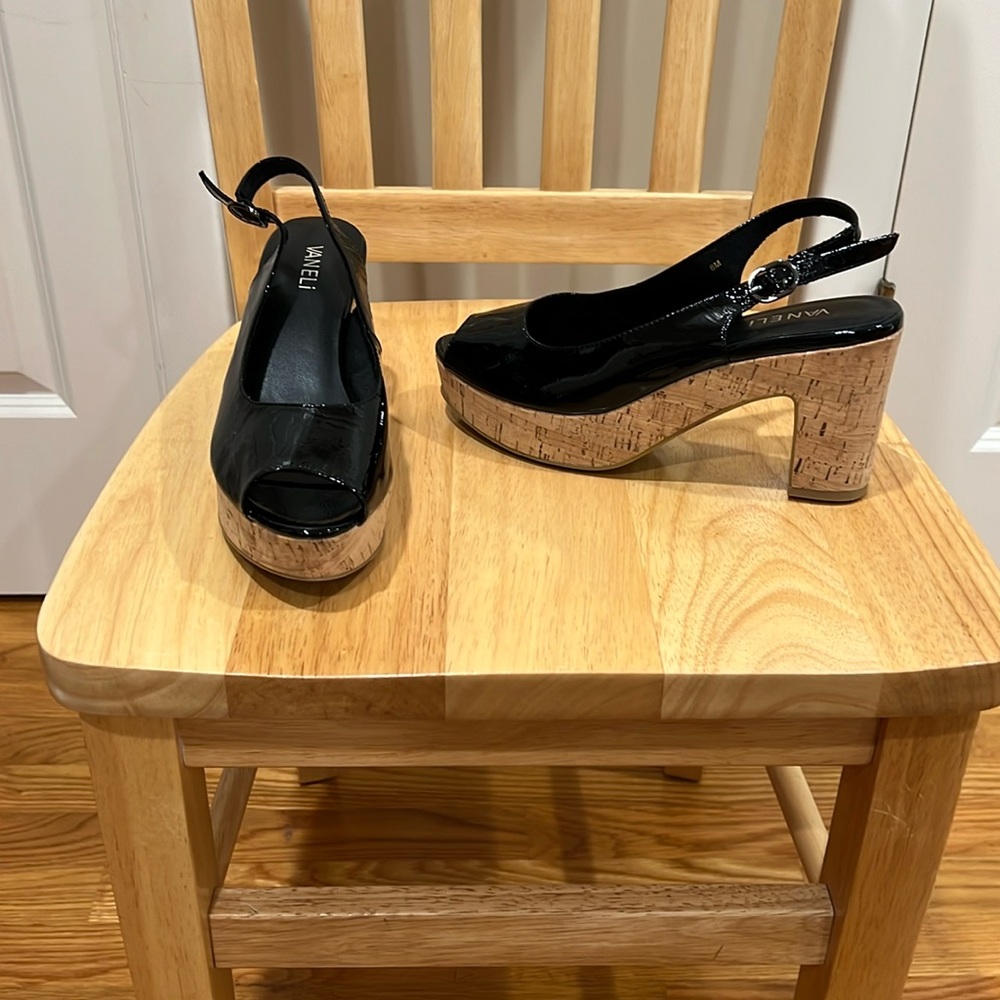 VANELI, women’s, size 8M, black, peep toe, cork wedge/platform heels. Flawless!